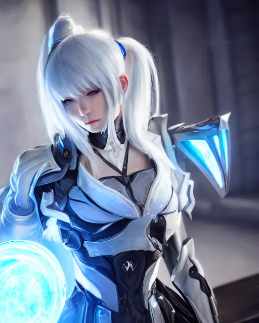 Image similar to perfect white haired girl, warframe armor, beautiful, dreamy, half asian, pretty face, blue eyes, detailed, sunny day, scifi platform, front lit, laboratory, experiment, 4 k, ultra realistic, epic lighting, cinematic, high detail, masterpiece, by masayoshi tanaka, akihiko yoshida, kazuya takahashi