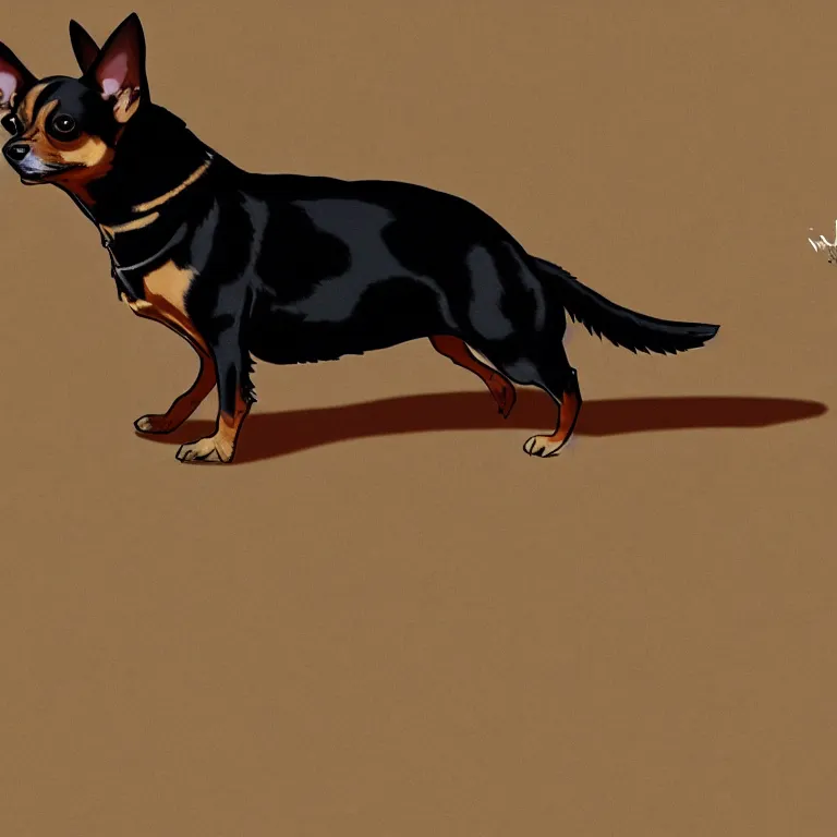 Image similar to anime visual of a black and tan chihuahua walking down an alley ; by kehinde wiley ; official media, cinematic lighting, high quality, trending on artstation