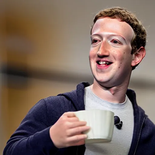 Prompt: mark zuckerberg holding circular wooden coaster and cup up to the camera