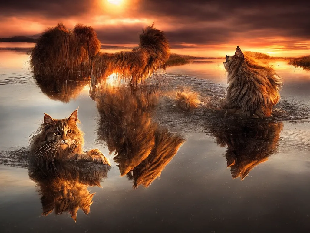 Image similar to amazing landscape photo of a maine coon bathing in a lake in sunset by marc adamus, beautiful dramatic lighting