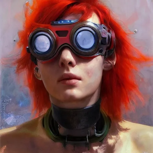 Prompt: red haired female, cyberpunk, wearing futuristic goggle, cyborg ; photorealistic, hyper real, 8 k, high details, detailed painting, epic lighting, by ilya repin, phil hale and kent williams