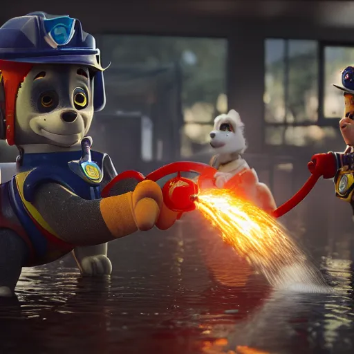 Prompt: marshall using a water hose to extinguish the burning paw patrol base, movie poster, intricate detail, 8 k, trending on artstation, octane render