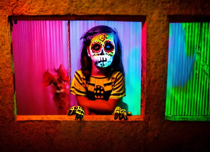Image similar to a child wearing dia de los muertos costume sits in a cage, behind bars, during a laserium lasershow, whispers secrets to her alejbrie animal spirit. sharpe matte painting, lowbrow, pop surrealism art style, alebrijes aesthetic, contemporary art illustration, photography by steven curry, ultra real 8 k photography
