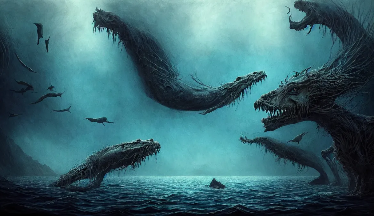 Image similar to epic professional digital art of hungry eyes, ambient azure light, painted, mysterious, cinematic coastal terrifying animals scene, eerie, mythic, detailed, intricate, grand, leesha hannigan, wayne haag, reyna rochin, ignacio fernandez rios, mark ryden, van herpen, artstation, cgsociety, epic, stunning, gorgeous, wow wow detail