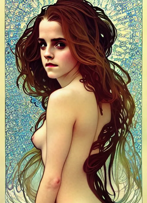Image similar to Emma Watson as mermaid underwater, full body shot, cute, fantasy, intricate, elegant, highly detailed, digital painting, 4k, HDR, concept art, smooth, sharp focus, illustration, art by alphonse mucha,artgerm, H R Giger