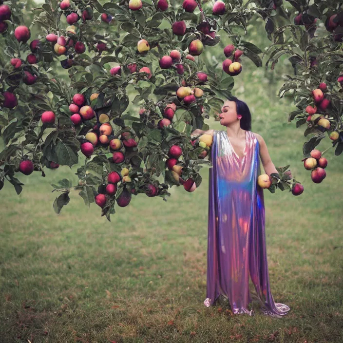 Prompt: a closeup portrait of a woman draped in iridescent vinyl, picking apples from a tree in an orchard, foggy, moody, photograph, by vincent desiderio, canon eos c 3 0 0, ƒ 1. 8, 3 5 mm, 8 k, medium - format print