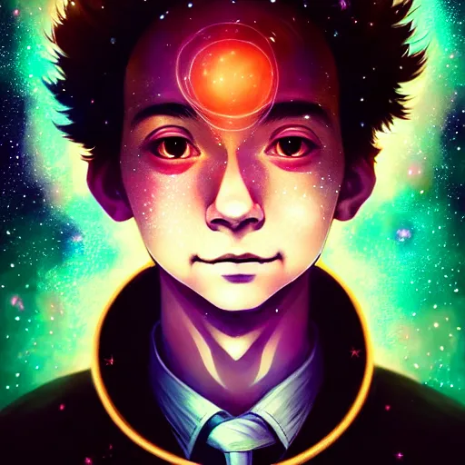 Image similar to The beginning of time, portrait of a beautiful young man, in hyper detail, dressed in stars and planets, extreme hyper detail, dramatic, fantasy lighting, matte print, digital art, cute smile, beautiful eyes, digital painting, fan art, pixiv, elegant, Ilya Kuvshinov style, Studio Ghibli