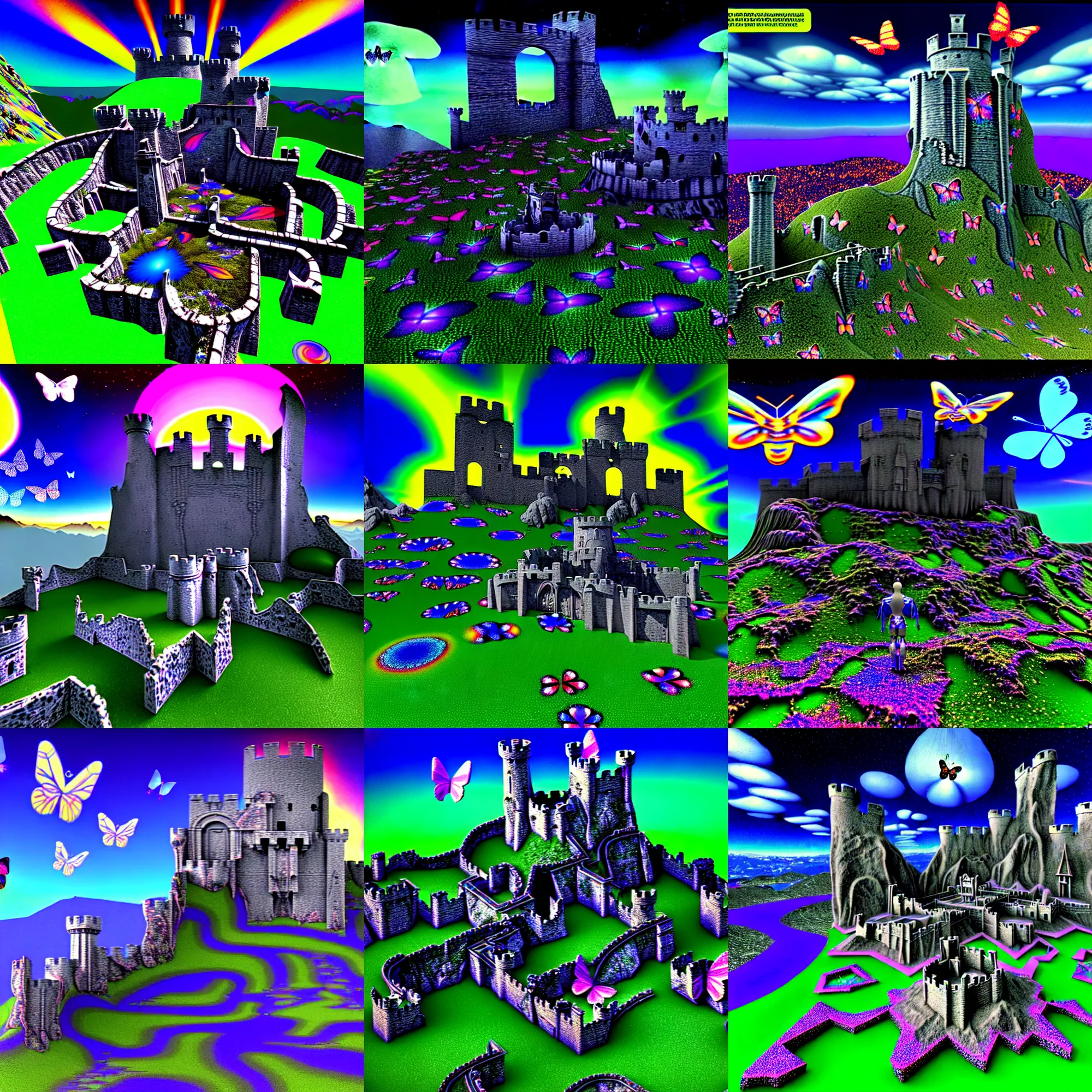 Prompt: 3 d render of cybernetic mountain landscape with 3 d cgi castle ruins with angel against a psychedelic surreal background with 3 d butterflies and 3 d flowers n the style of 1 9 9 0's cg graphics, lsd dream emulator psx, 3 d rendered y 2 k aesthetic by ichiro tanida, 3 do magazine, wide shot