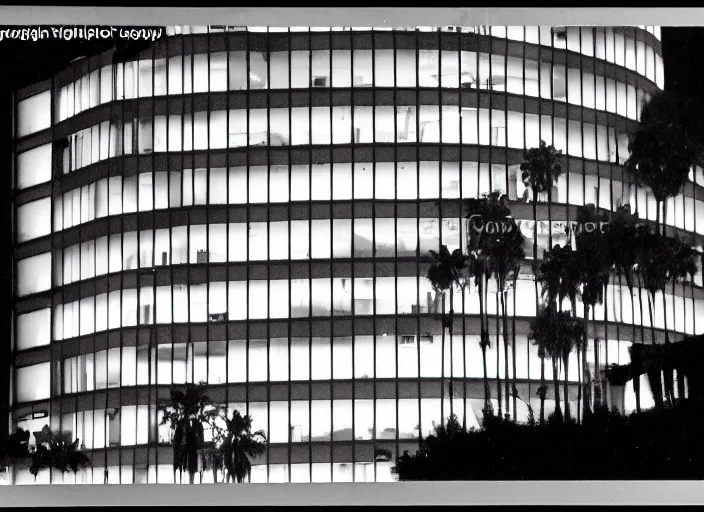 Prompt: a building seen from a dark parking lot in los angeles at night. 1 9 9 0 urban photography