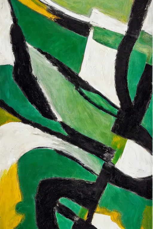 Prompt: an abstract expressionist painting with big broad strokes, colors are emerald green, vermillion, white and black