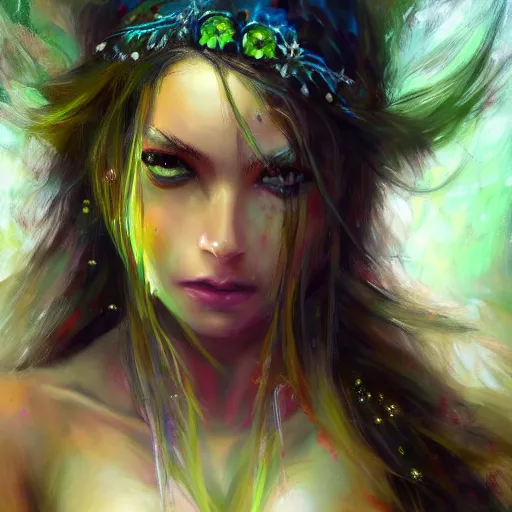 Prompt: fantasy girl mage wearing bikini in a forest, dramatic fantasy art, by yoshitaka amano, trending on artstation, 4 k, expressive oil painting, close - up face portrait, vivid colors