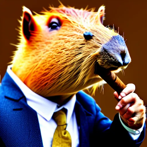 Image similar to an accurate capybara wearing a business suit and smoking a cigar in his mouth