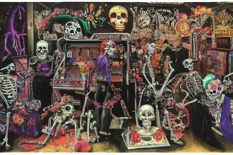 Prompt: scene from amusement arcade, day of the dead, cyber skeleton, queen in black silk in the center, neon painting by otto dix