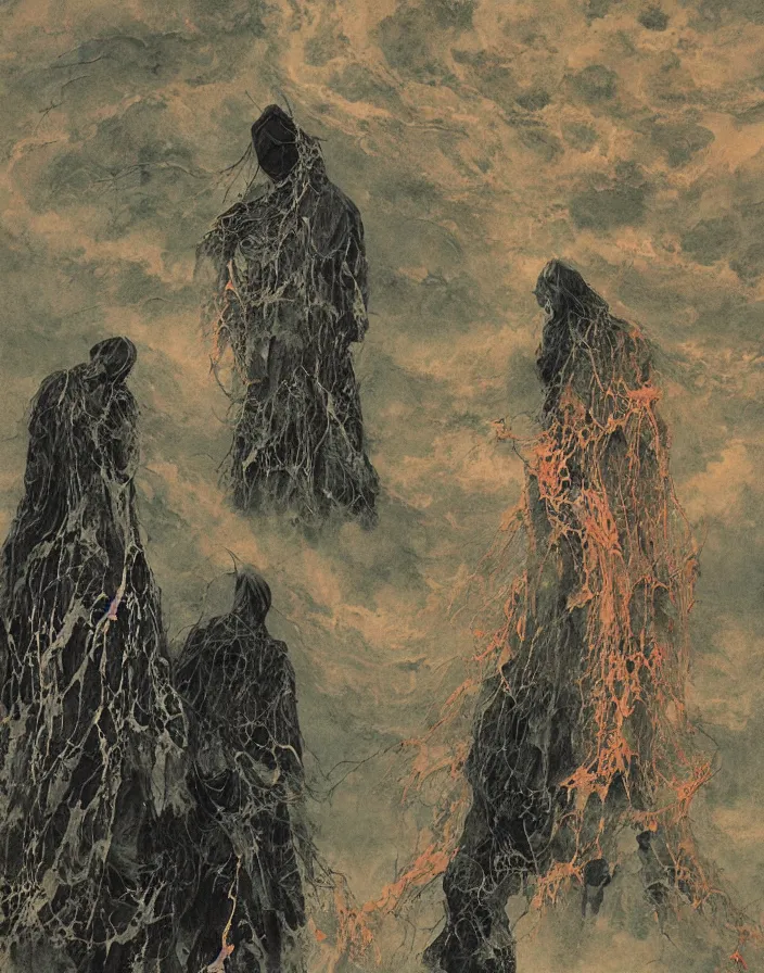 Prompt: worshippers in tattered robes belonging to the cult of the lighthouse standing in waves, a lighthouse, high detailed beksinski painting, part by adrian ghenie and gerhard richter. art by takato yamamoto. masterpiece, deep dark colours