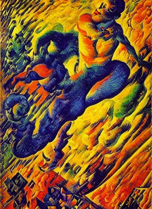 Image similar to flying metal oil on canvas by Umberto Boccioni, vivid colors, hyper detail, golden ratio HQ