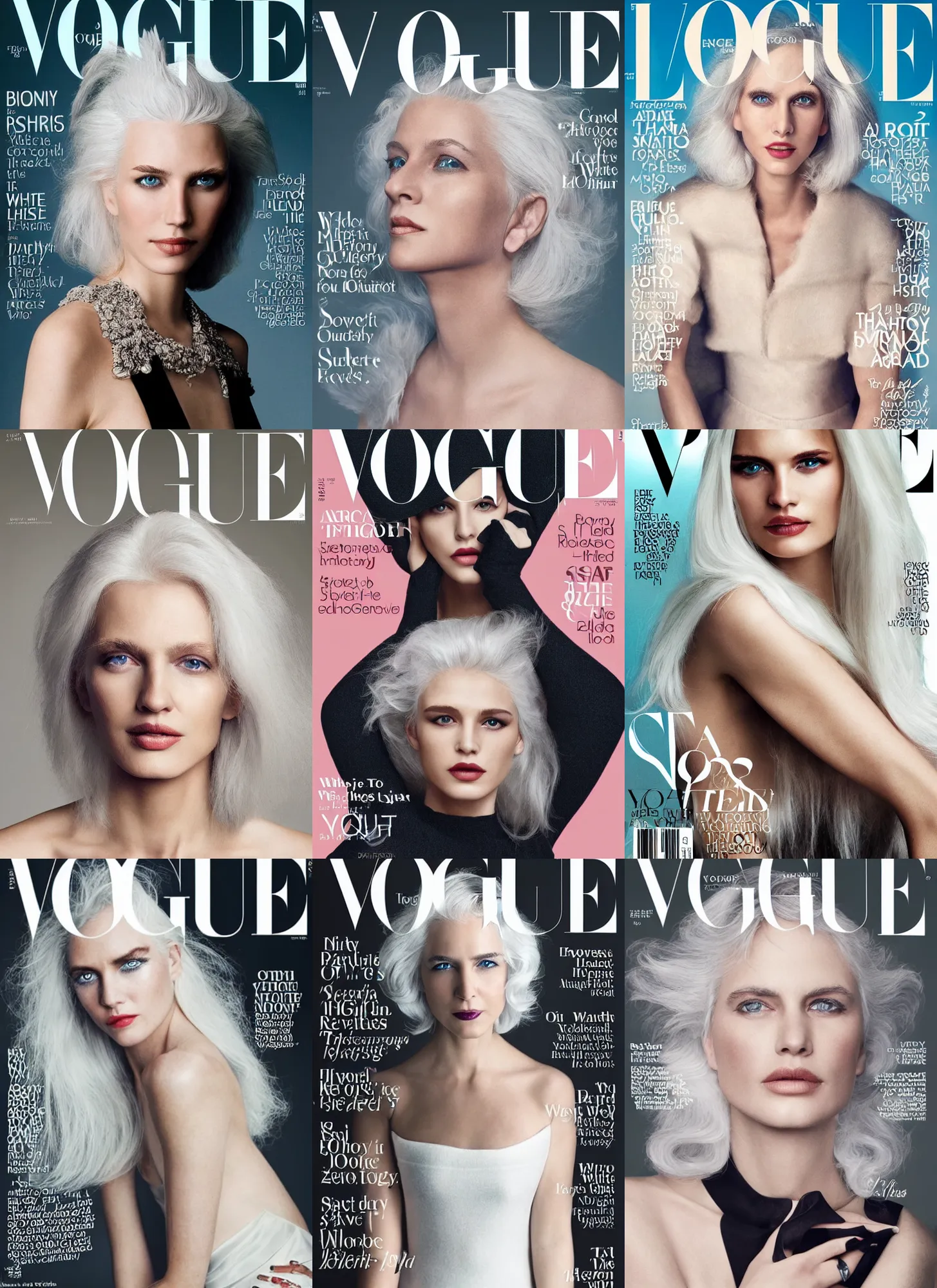 Prompt: a photograhpy of a gorgeous white haired female character on a vogue cover