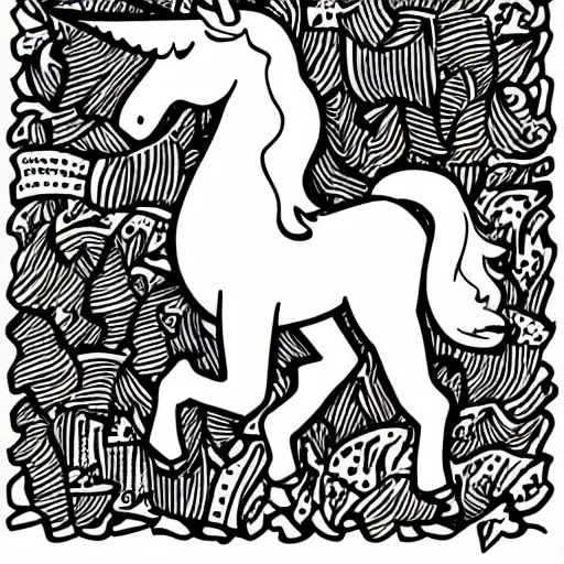 Image similar to full body unicorn, coloring book, black and white