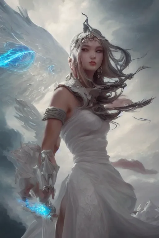 Prompt: beautiful girl warrior in white dress, casting magic spell, angel, magic storm and thunder clouds, fantasy, magic the gathering, hyper detailed, 3 d render, hyper realistic detailed portrait, peter mohrbacher, wlop, ruan jia