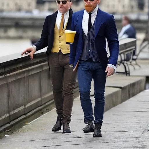 Image similar to mcgregor is dressed as a gentleman at early 2 0 th century paris. he is having a coffee at the banks of river seine. ewan mcgregor has a coffee cup on his hand. next to him is a small brown cat with yellow glowing eyes. blueish tint