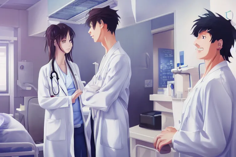 Image similar to a cute and beautiful young female doctor wearing white coat are talking with a handsome young man wearing white coat in a hospital ward, highly detailed, digital painting, slice of life anime, illustration, anime scenery by Makoto shinkai