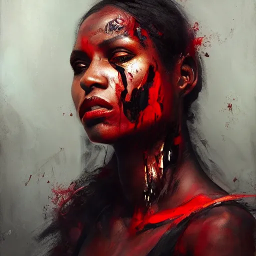 Image similar to portrait of the god of death, beautiful female face, angelic, black woman, dark, blood, by jeremy mann, by lucian freud, oil painting, god rays, female warrior, warrior face painting red, wings, holding a weapon, intricate, highly detailed, trending on artstation, award winning, cinematic