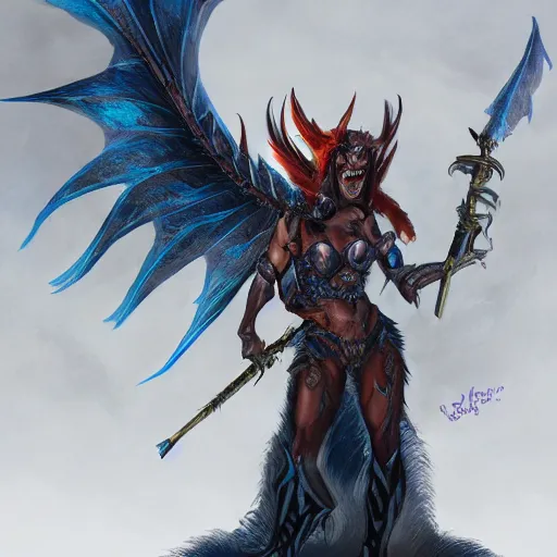 Image similar to disney's gargoyles female!! winged warrior! flaming sword! devilish smile!! ( ( plate armor ) ) ( ( ( shield ) ) ), fantasy painting, concept art, 4 k