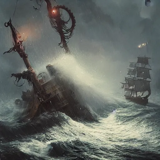 Prompt: a giant tentacle monster taking down a pirate ship , waves splashing , rain , by Greg rutkowski