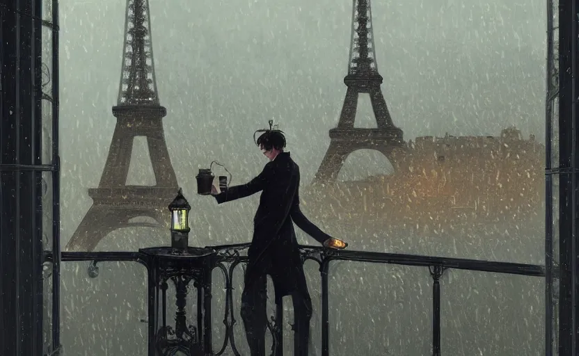 Prompt: gentleman drinking coffee at balcony in france, city with eiffel tower seen behind, night raining, detailed characters, by greg rutkowski, alphonse mucha, beeple, sharp focus, digital art, smooth, light refraction, pixiv art, volumetric lighting, makoto shinkai