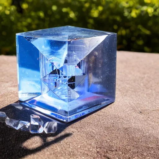 Prompt: water surrounding crystal cube that has its own massive gravity field, above clockwork time machine