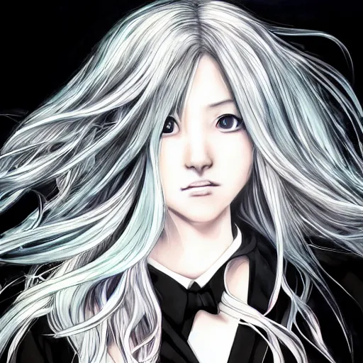 Image similar to Renaissance oil portrait of an anime girl with long white hair fluttering on the wind and black eyes wearing office suit in the style of Yoshitaka Amano drawn with expressive brush strokes, abstract black and white patterns in the backround