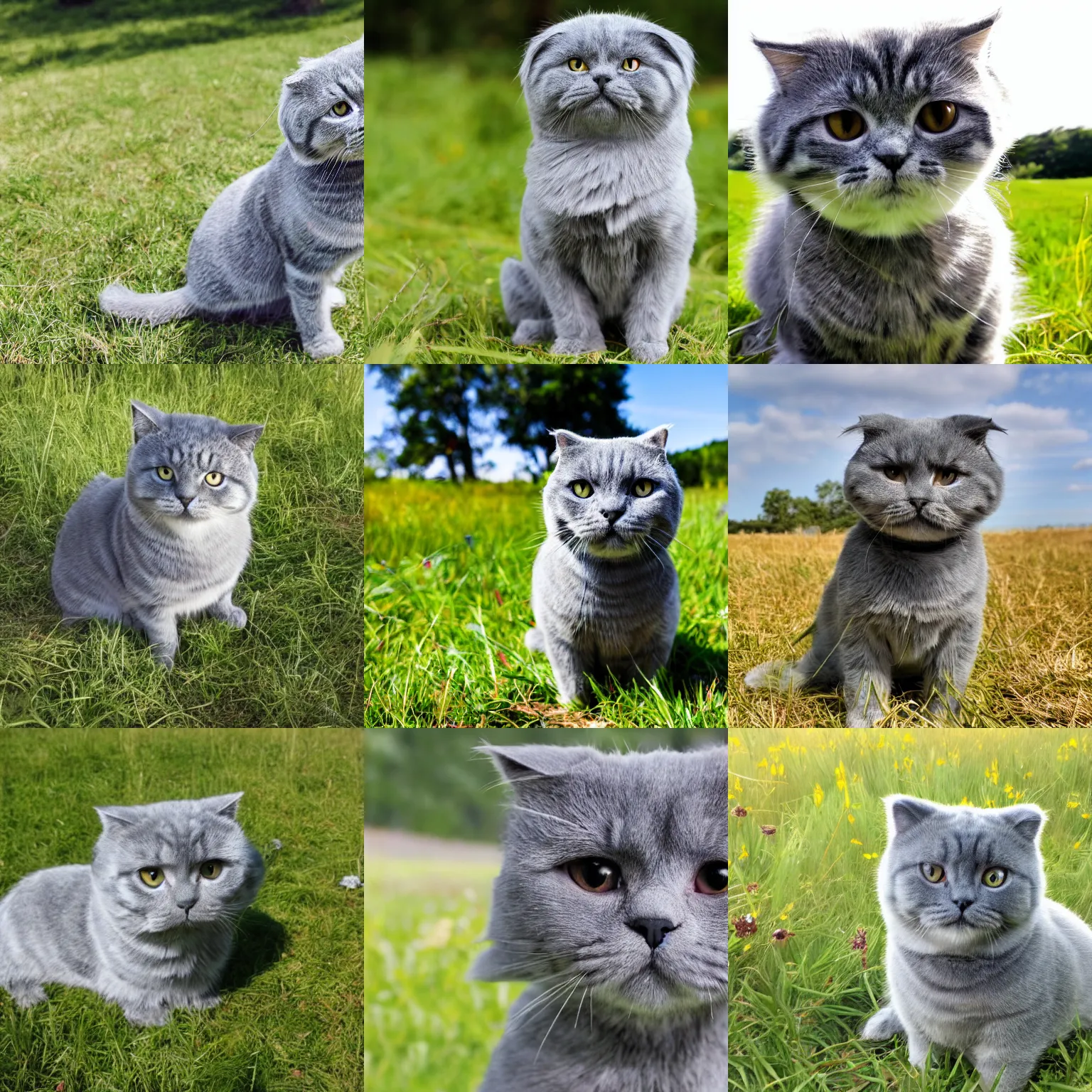 Prompt: a gray scottish fold sitting in the middle of sunny meadow, by archie comics