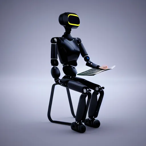 Image similar to a lonely sleek futuristic humanoid robot with big sad OLED eyes and rectangular mouth sits reading a hardbound leather book on a comfortable electronic chair. Cinematic Lighting, Cinematic Movie Photograph, Arri Alexa, Extremely Detailed, smooth, very very clean, simple, 8K, octane render, maya render, unreal engine, trending on artstation, DSLR