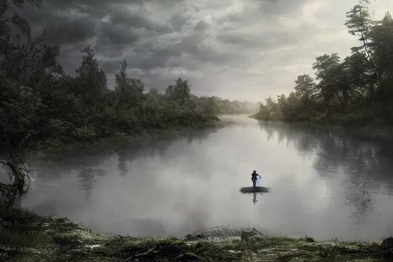 Image similar to a cinematic headshot portrait, of a squad of special soldiers emerging from the water, in a vast serene landscape, with trees and rivers, detailed, deep focus, movie still, dramatic lighting, by michal karcz and yoshitaka amano