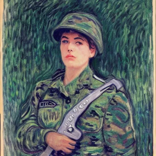 Image similar to a female soldier holding a a staple gun to her own head and looking depressed by monet