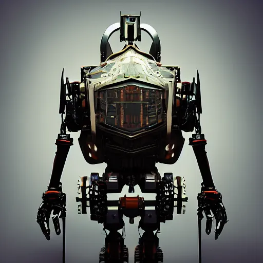 Image similar to cyberpunk medieval mechanical robot with looking straight by Vitaly Bulgarov, front view
