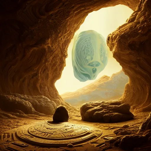 Prompt: well designed alien rosetta stone, alien hieroglyphics, 3 d concept render by gustave dore and rhads, well researched, linguistically accurate, global illumination, vray, cgsociety