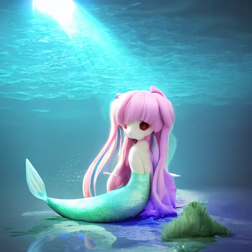 Image similar to cute fumo plush of a mermaid girl from deep below the sea, caustics and lens flare, refraction, vray, anime girl