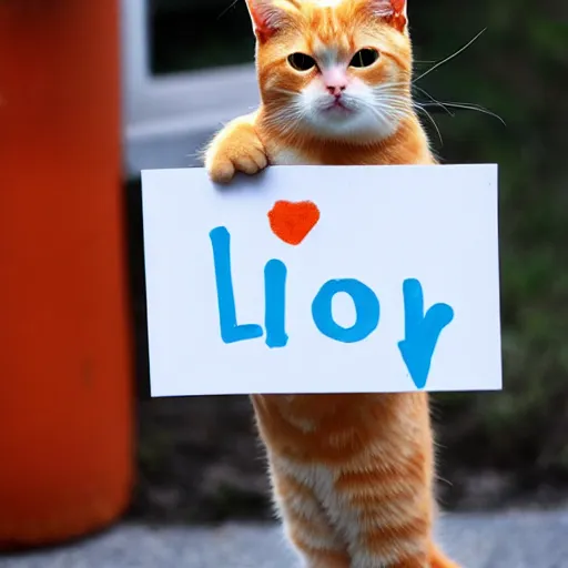 Image similar to orange tabby cat holds sign that says