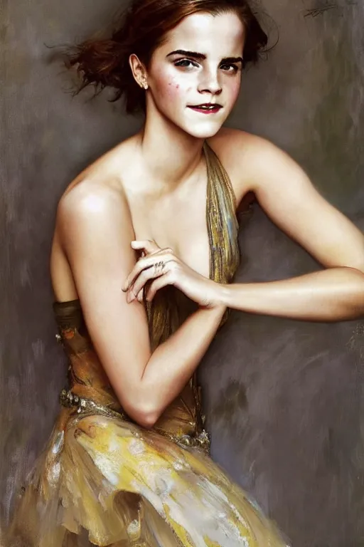 Image similar to emma watson laughing detailed portrait painting by gaston bussiere craig mullins j. c. leyendecker photograph by richard avedon peter lindbergh