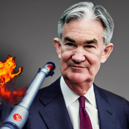 Prompt: detailed photo of Jerome Powell with whiteface clown makeup using a flamethrower