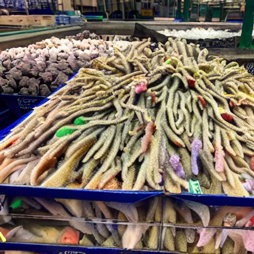 Prompt: billingsgate fish market selling boxes of coral reef 4k wide angle