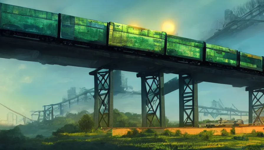 Prompt: futuristic cargo train driving over train bridge, green hills, matte painting, artstation, sunrise, blue sky, solarpunk