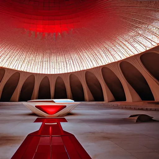 Image similar to interior of a futuristic lotus temple with gold, red and white marble panels, in the desert, by buckminster fuller and syd mead, intricate contemporary architecture, photo journalism, photography, cinematic, national geographic photoshoot