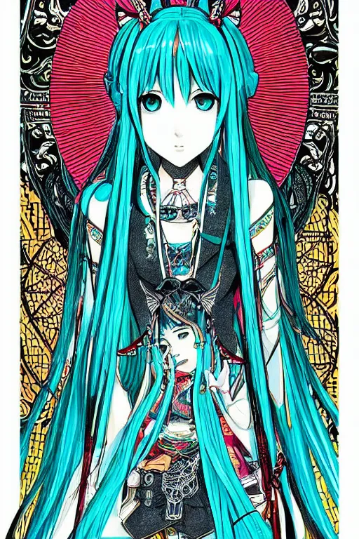 Image similar to hatsune miku, intricate, amazing line work, colorful, tarot cards, the devil tarot card