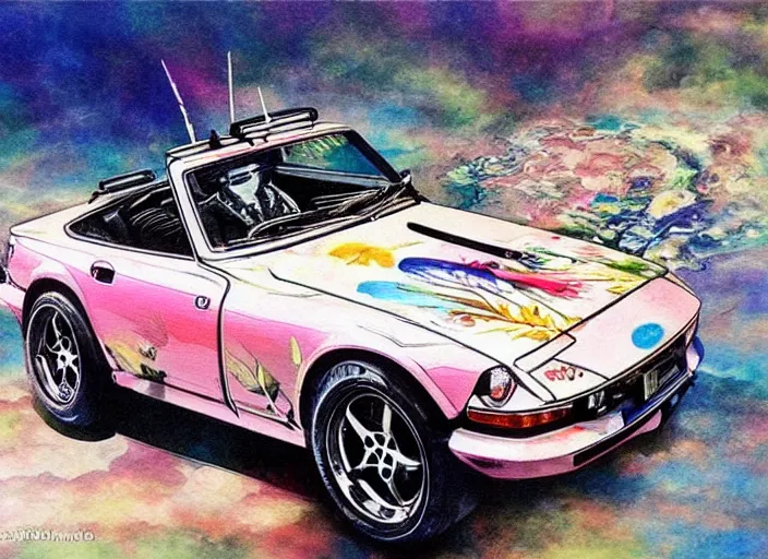 Prompt: beautiful yoshitaka amano art of a datsun fairlady roadster detailed painting