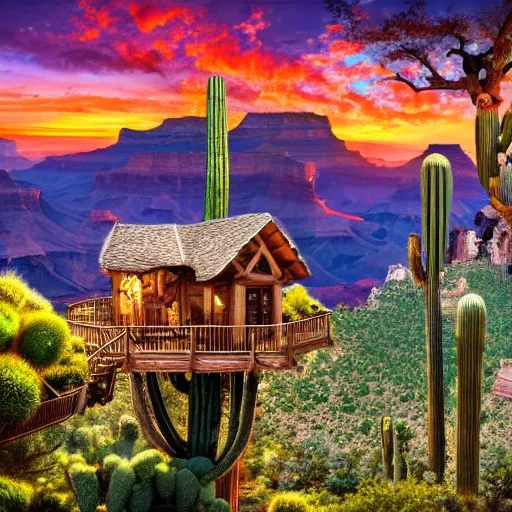 Prompt: fancy treehouse mansion built in a giant cactus on top of plateau with amazing view of sunrise over the grand canyon detailed luminescent oil painting 4 k