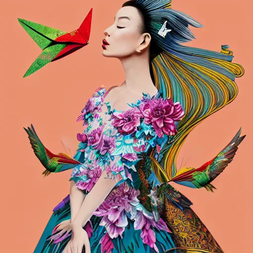 Image similar to 3 / 4 view of a beautiful girl wearing an origami dress, eye - level medium shot, fine floral ornaments in cloth and hair, hummingbirds, elegant, by eiko ishioka, givenchy, lisa frank, by peter mohrbacher, centered, fresh colors, origami, fashion, detailed illustration, vogue, high depth of field, japanese, reallusion character creator