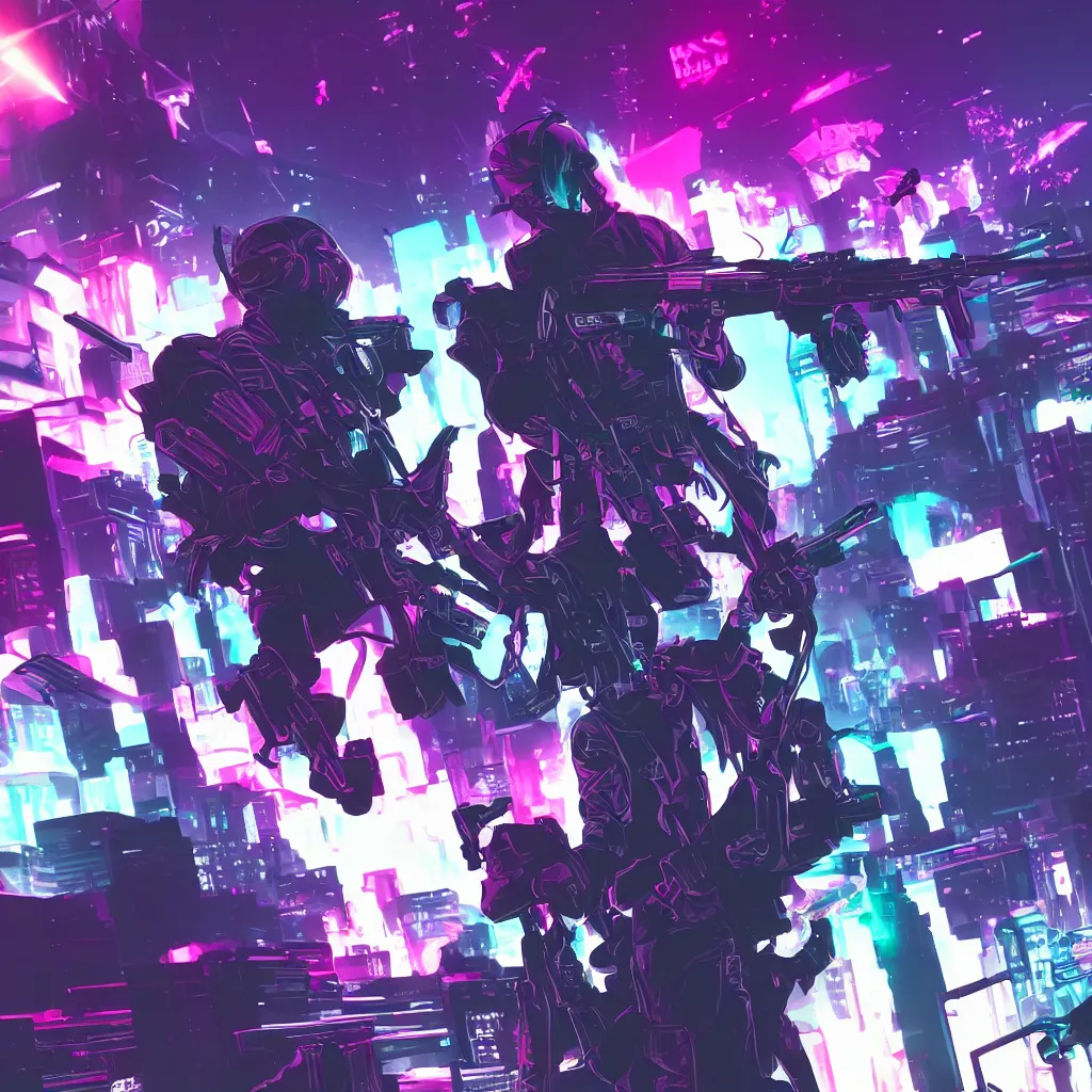 Image similar to portrait of Reaper (The World Ends With You) holding gun, cyberpunk aesthetic, city skyline on background, neon lights, glow, retrowave style