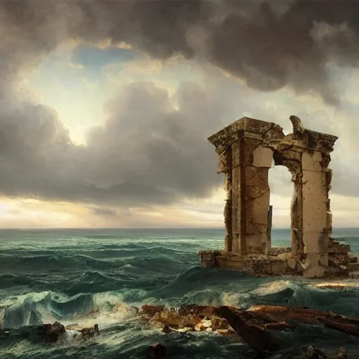 Image similar to Panorama view of ruined pieces from an ancient castle being lifted into the sky by a hurricane, flying island, oil painting, by Greg Rutkowski