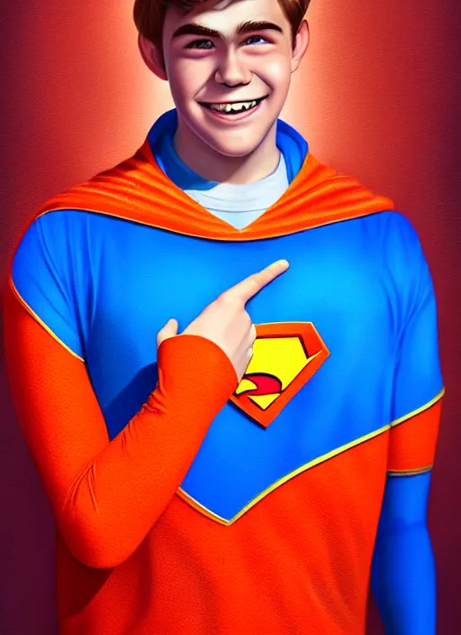 Image similar to friendly teenage archie andrews wearing an orange superhero costume with heart logo, heart, freckles, blue cape, heart emblem on chest, blue cape, intricate, elegant, glowing lights, highly detailed, digital painting, artstation, sharp focus, illustration, art by wlop, mars ravelo and greg rutkowski